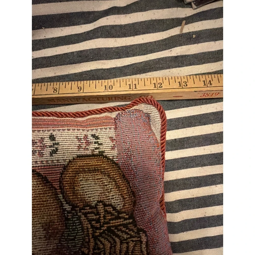 Vintage Woven Tapestry Teddy Bear Throw Pillow Burgundy Floral Cottagecore 12x12
